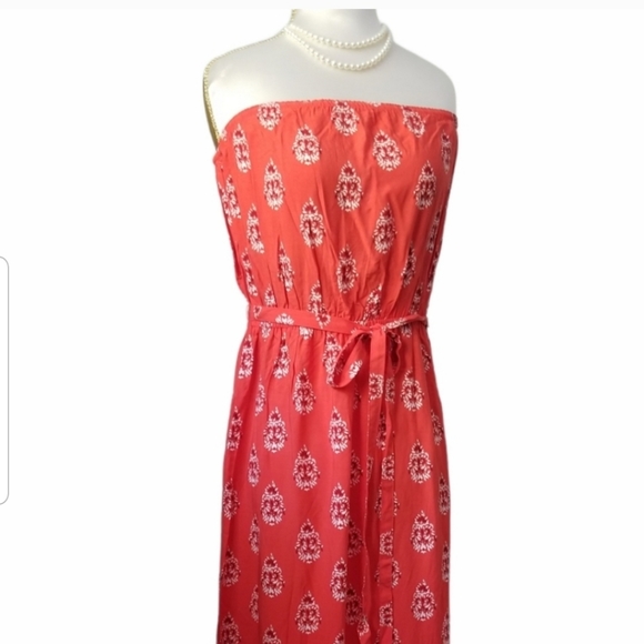 Boho Maxi Dress Floral Print Tie Belt with Side Slit Strapless Summer Dr… - Picture 2 of 12
